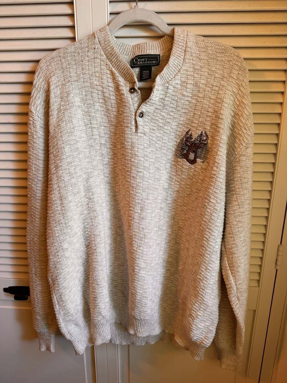 Croft & Barrow Vintage Men's Medium Knit Deer Embroidered 3-Button Henley Sweate
